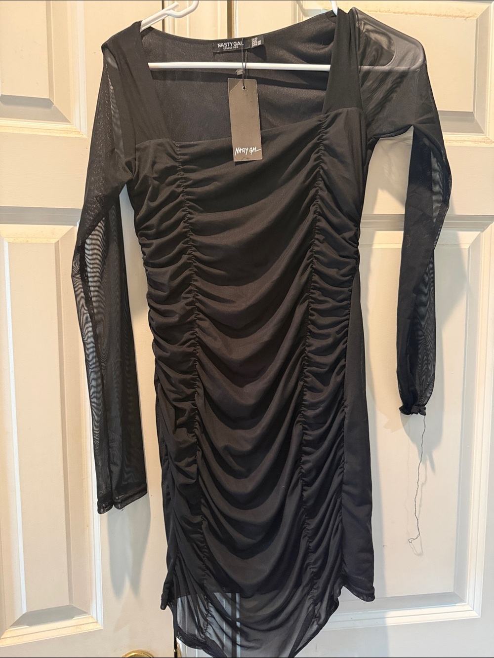 Nasty Gal Black Ruched Mesh Sleeve Mini Dress